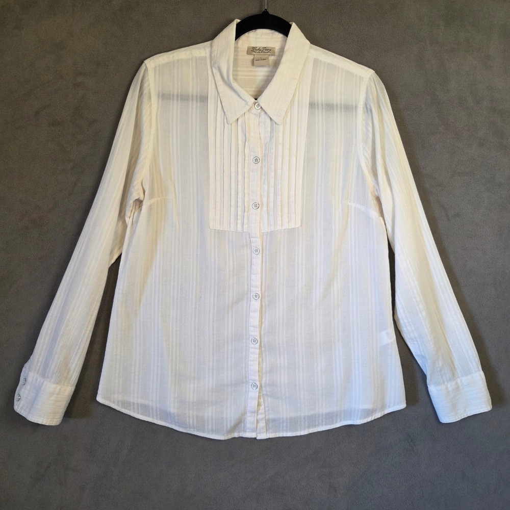 Lucky Brand Pleated Striped Button Down Shirt Women's Large Cotton Boho Coastal